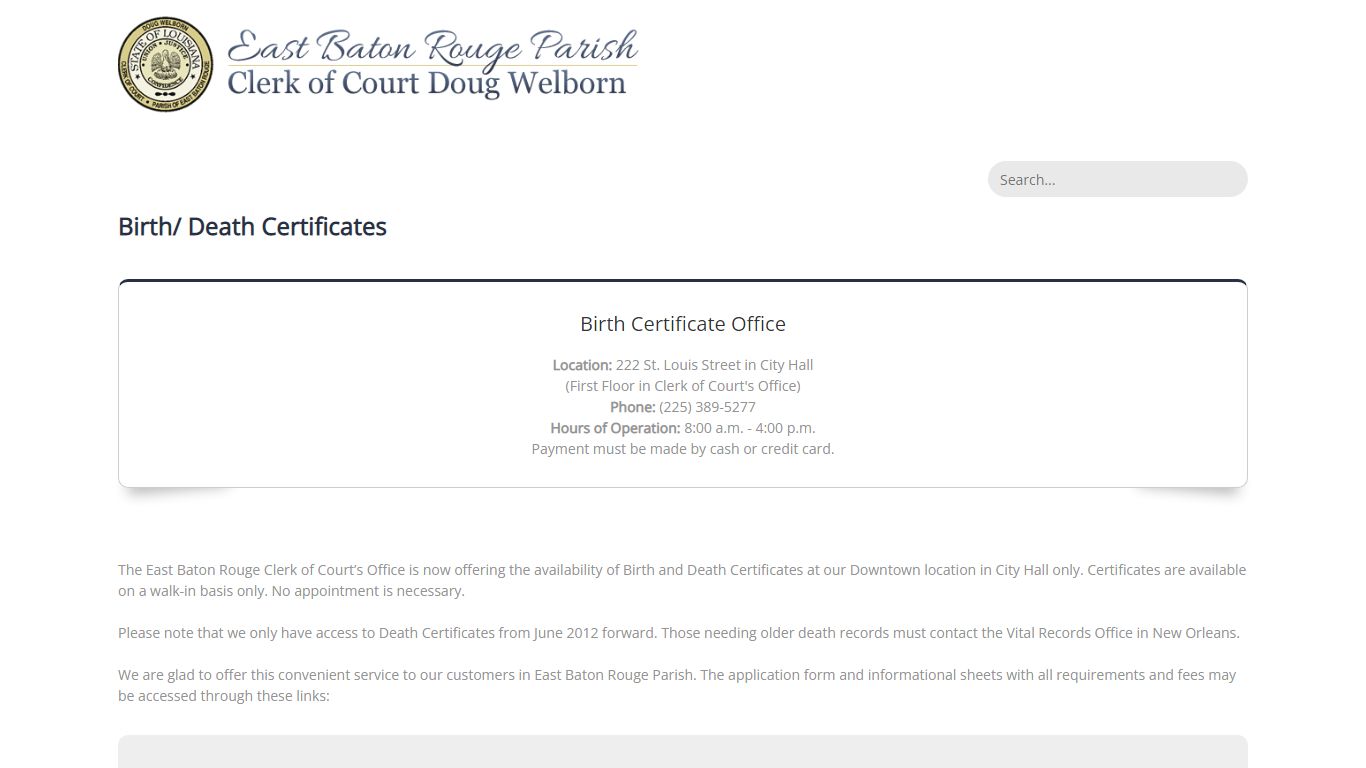 East Baton Rouge Clerk of Court > Birth/Death Certificates